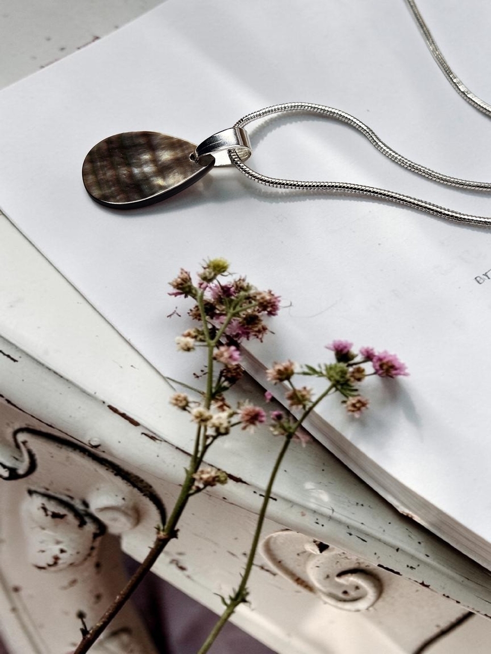 Silver Chain Necklace with Iridescent Shell Pendant